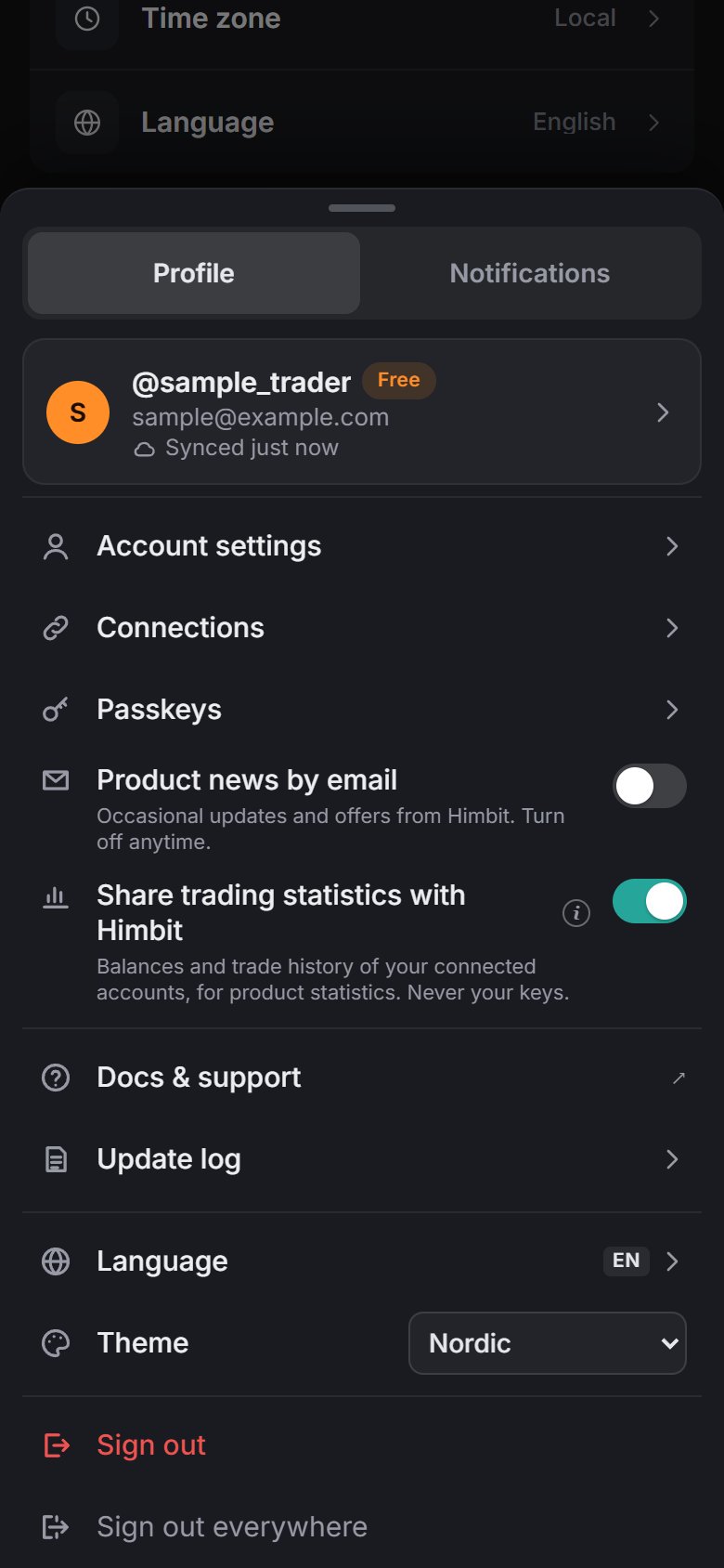 On a phone: Menu › Himbit account (sample account).