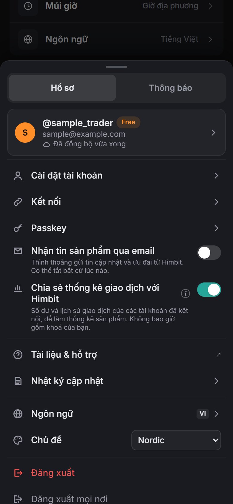 Trên điện thoại: Menu › tài khoản Himbit (tài khoản mẫu).