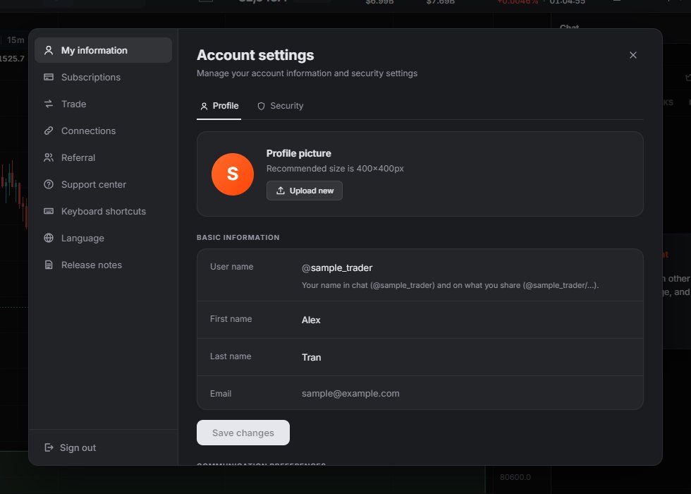 Profile: picture, @username, first and last name, and the read-only email (sample account).
