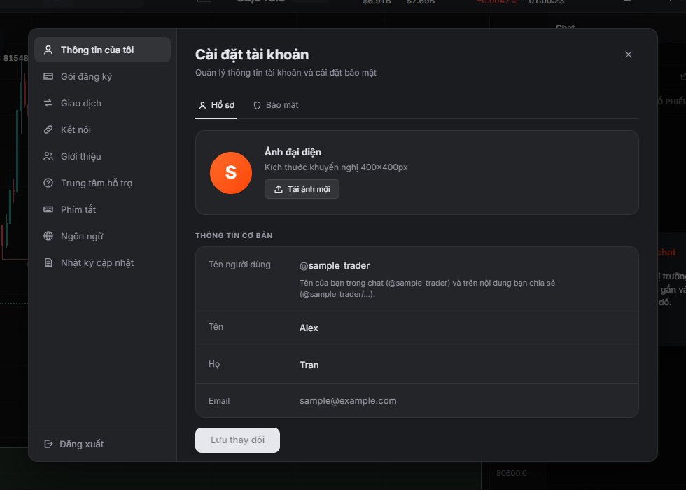 Hồ sơ: ảnh đại diện, @username, họ và tên, email chỉ đọc (tài khoản mẫu).