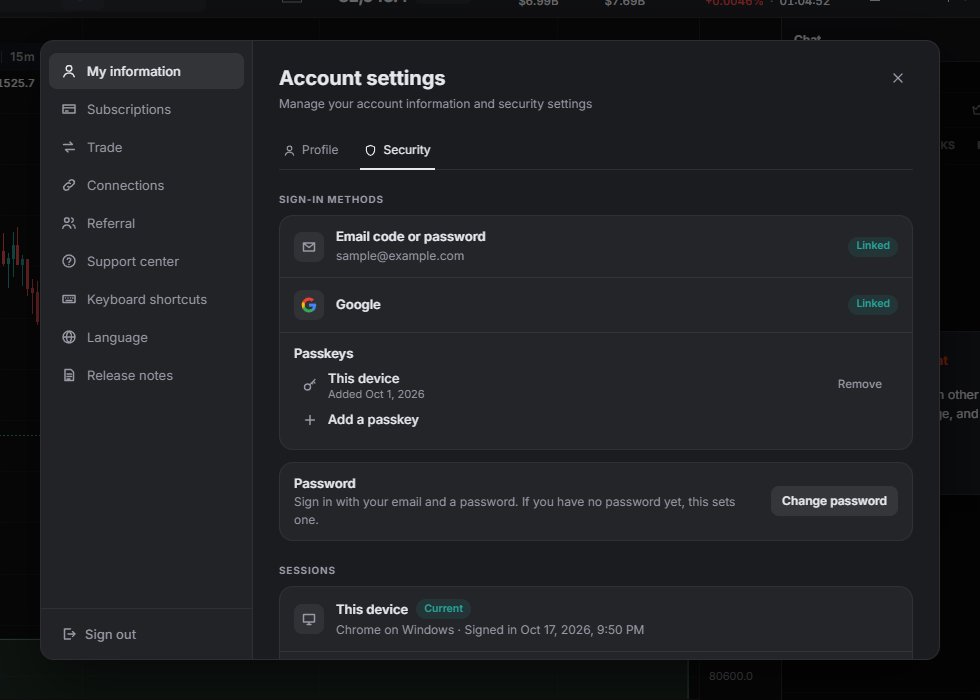 Security: sign-in methods, password and sessions (sample account).