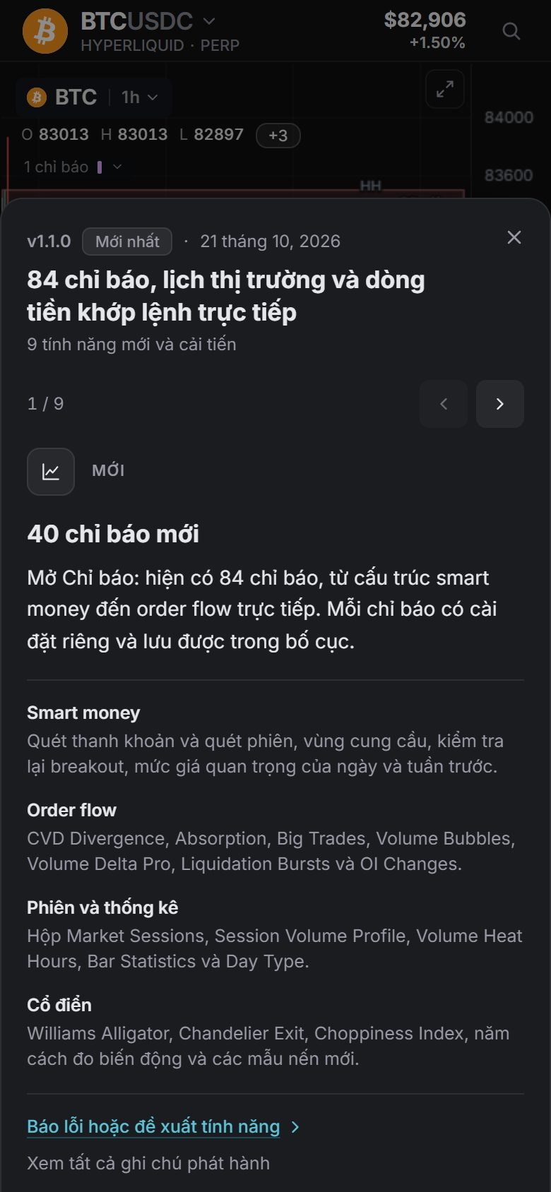 Có gì mới: các thay đổi của bản cập nhật chia thành Mới, Cải tiến và Sửa lỗi, bên phải xem từng mục.