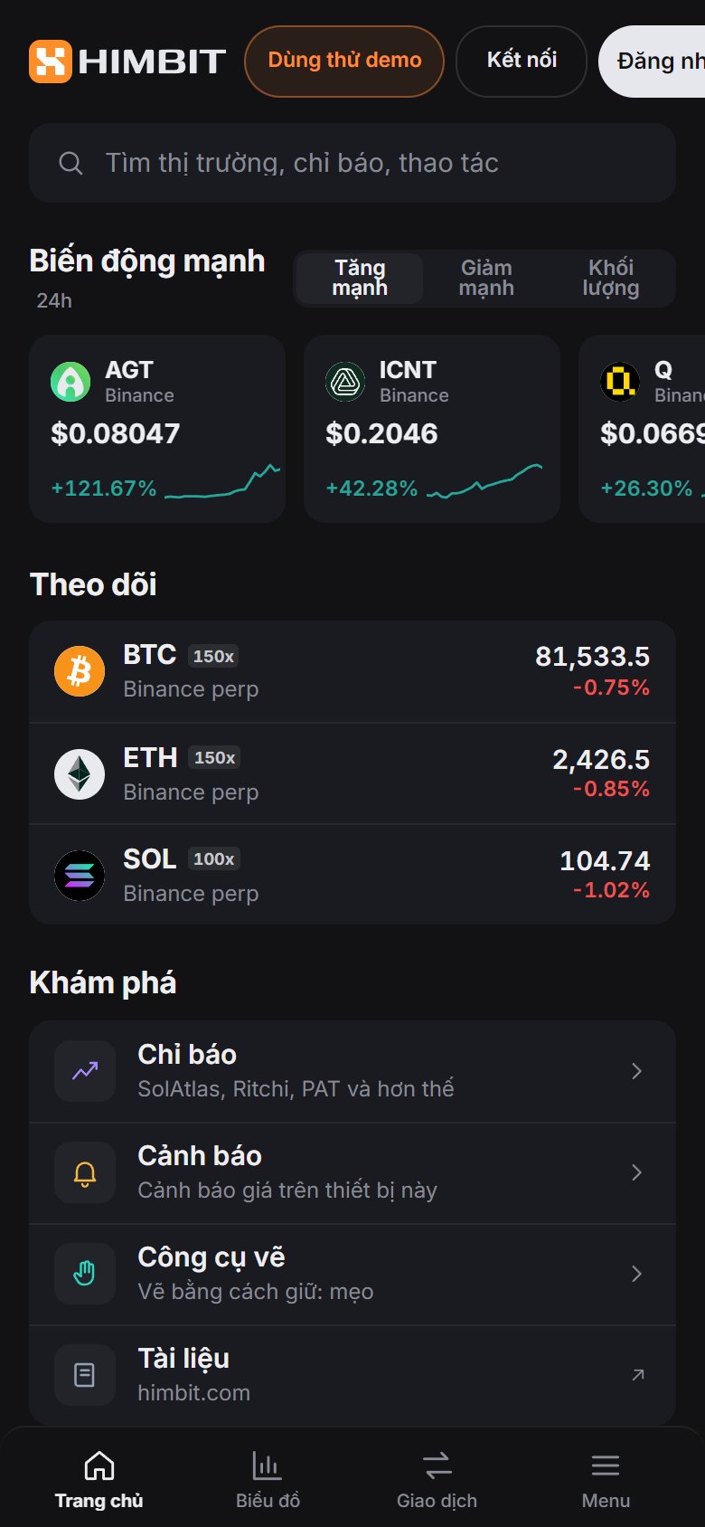 Trên điện thoại, nút Sign in nằm cạnh Try demo và Connect.
