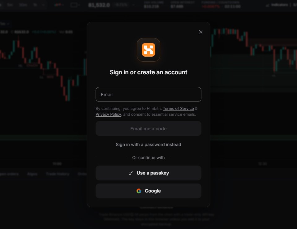 Himbit ID sign-in: email code, password, passkey or Google.