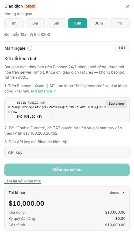 Kết nối khoá bot: sao chép khoá công khai, đăng ký trên Binance, dán API key.