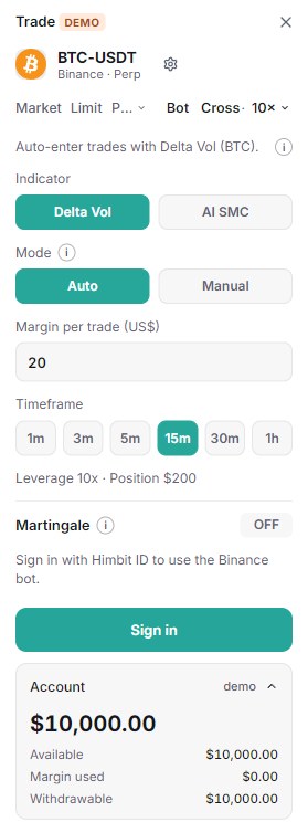 Binance: sign in with Himbit ID to use the bot.