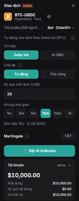 Tab Bot trong khung đặt lệnh: Delta Vol, chế độ Tự động, ký quỹ, khung thời gian và Martingale.