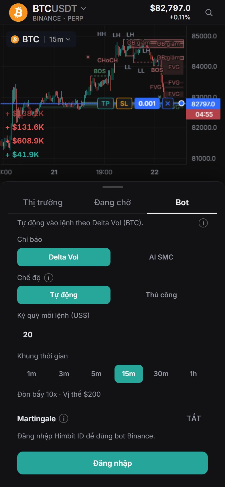 Tab Bot trong bảng đặt lệnh trên điện thoại.