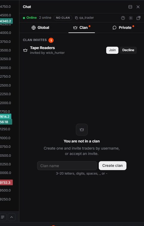 The Clan tab before you join one: an invite to accept or decline, and Create clan.
