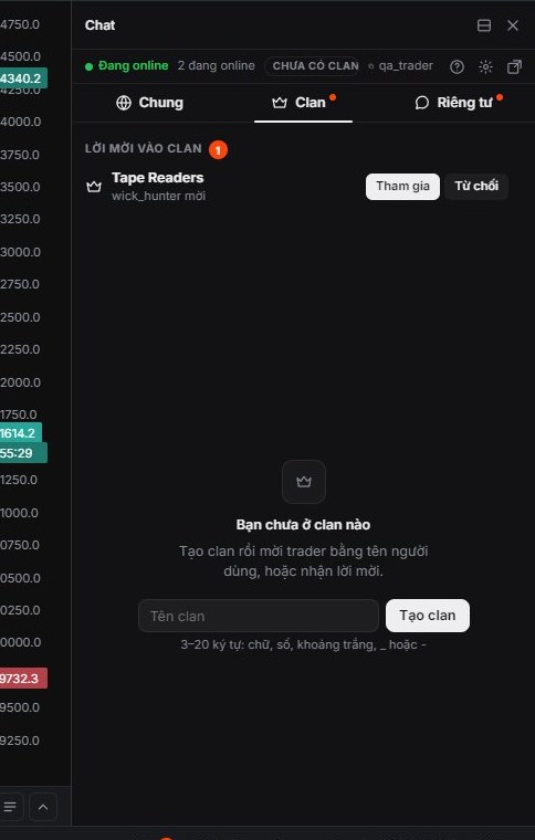 Tab Clan khi chưa vào clan nào: lời mời để Tham gia hoặc Từ chối, và nút Tạo clan.
