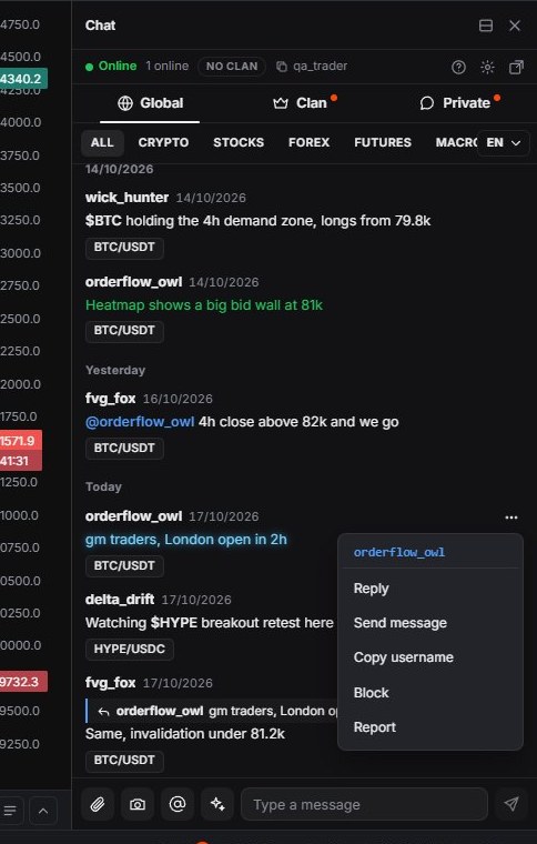 The Global room with the message menu open: Reply, Send message, Copy username, Block, Report (example messages).