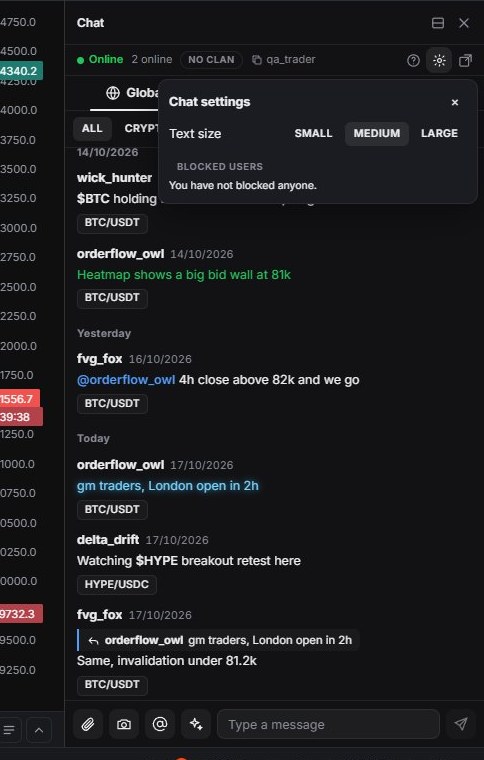 Chat settings: text size and blocked users.