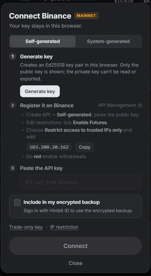 Hubungkan Binance, Self-generated: buat kunci di sini, daftarkan di Binance, tempel API key.