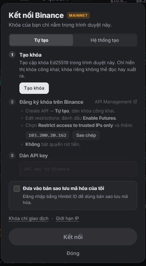 Kết nối Binance, Tự tạo: tạo khoá tại đây, đăng ký trên Binance, dán API key.