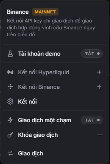 Kết nối ở góc trên bên phải: Kết nối Hyperliquid, Kết nối Binance, tài khoản demo và trang Kết nối.