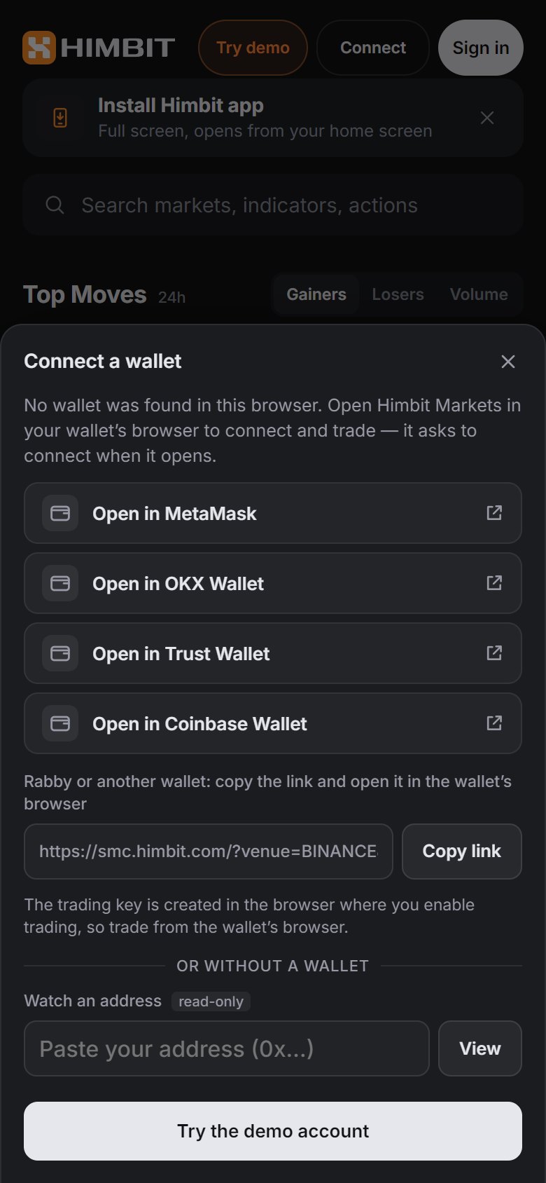 Di ponsel: buka Himbit Markets di aplikasi wallet-mu, atau salin tautan untuk wallet lain.