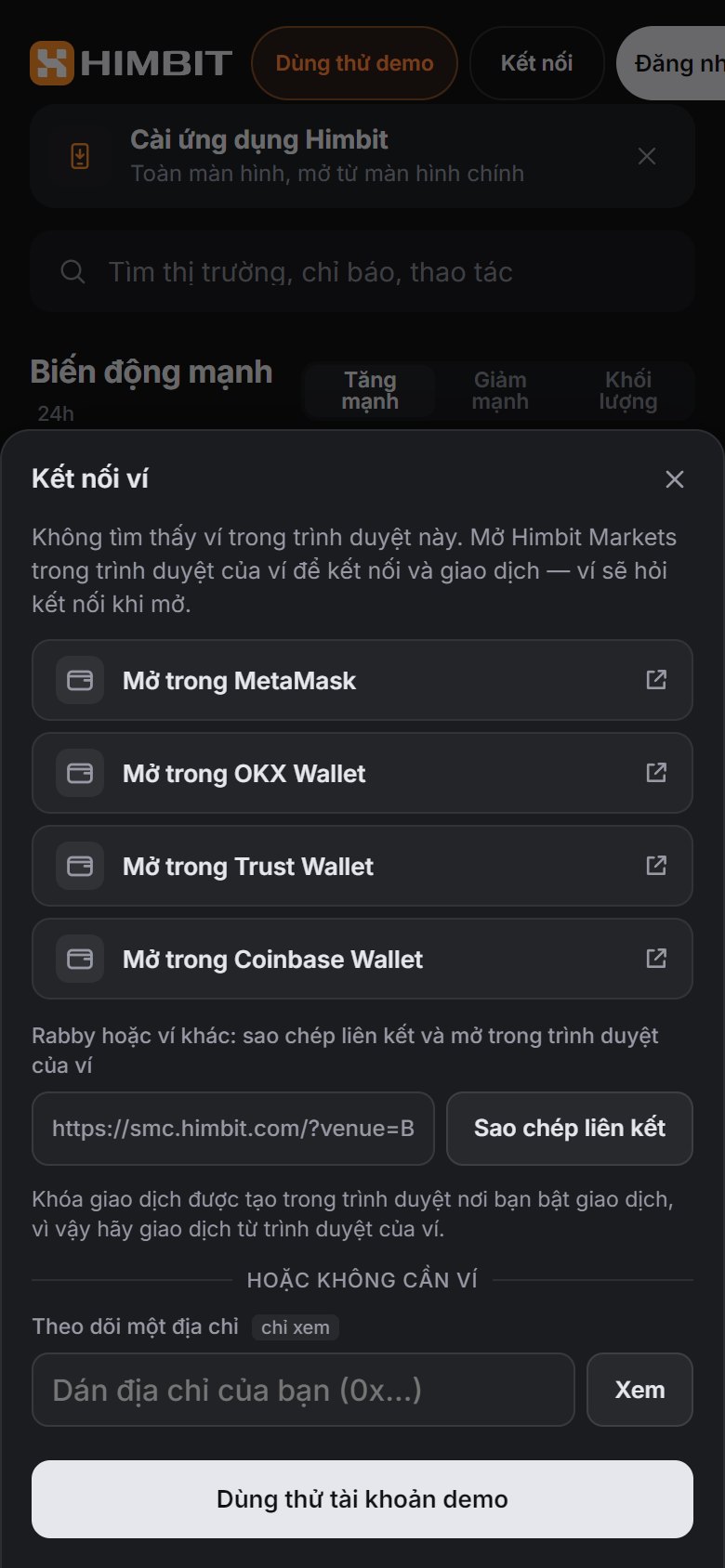 Trên điện thoại: mở Himbit Markets trong app ví, hoặc sao chép liên kết cho ví khác.