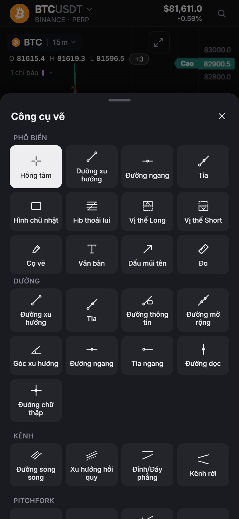 Bảng Công cụ vẽ trên điện thoại: Phổ biến ở trên, rồi tới từng mục.