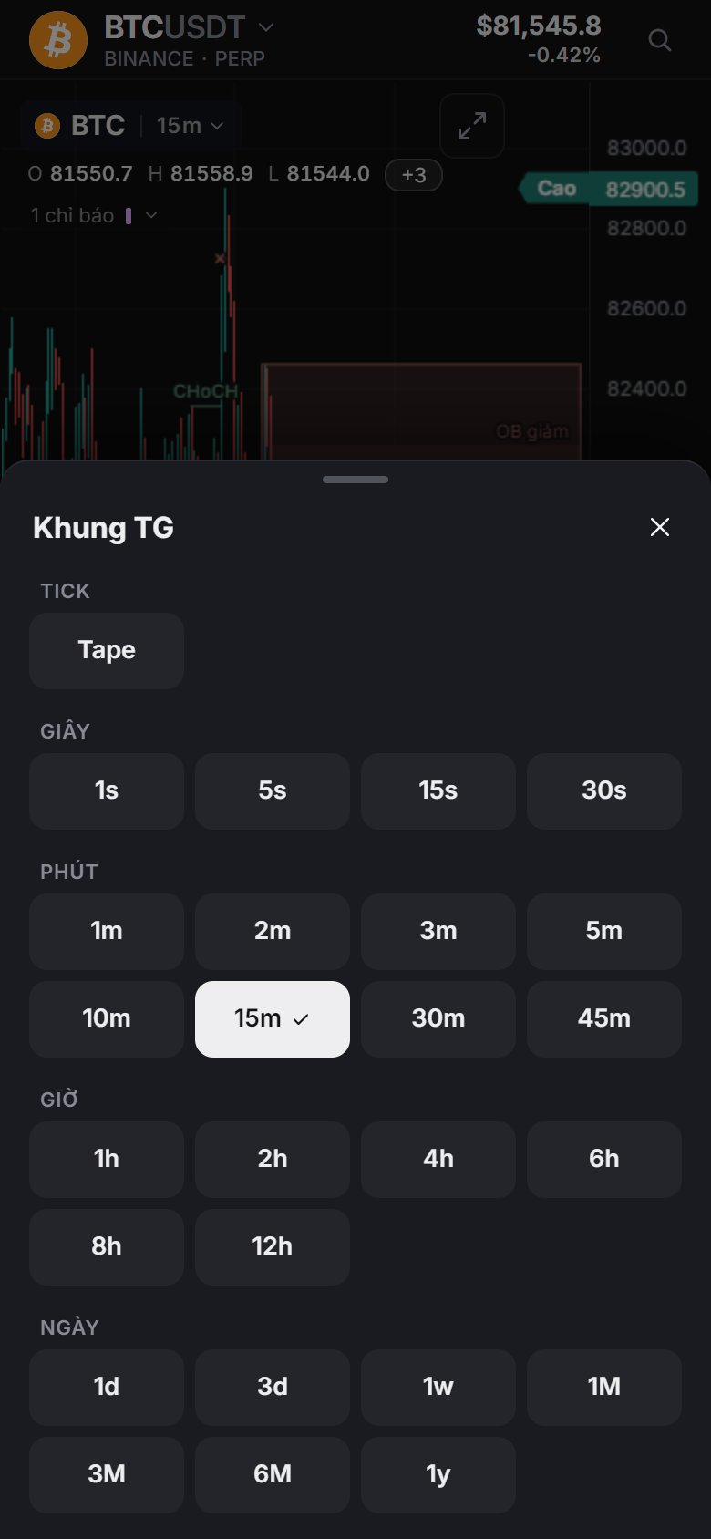 Bảng Khung TG trên điện thoại: Tick (Tape), rồi Giây, Phút, Giờ, Ngày.