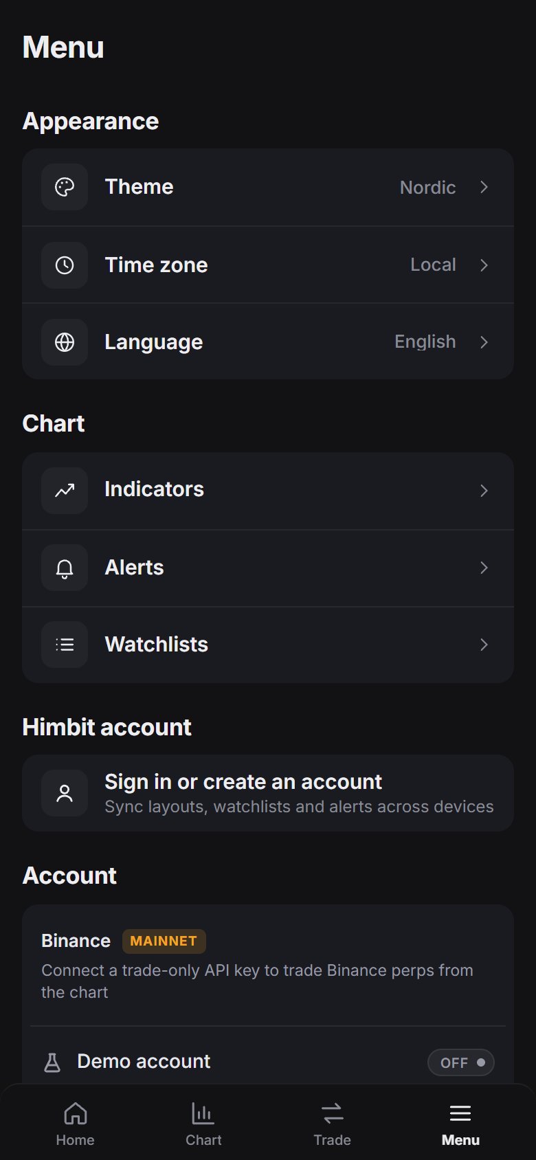 Phone Menu tab: appearance, chart and account sections.