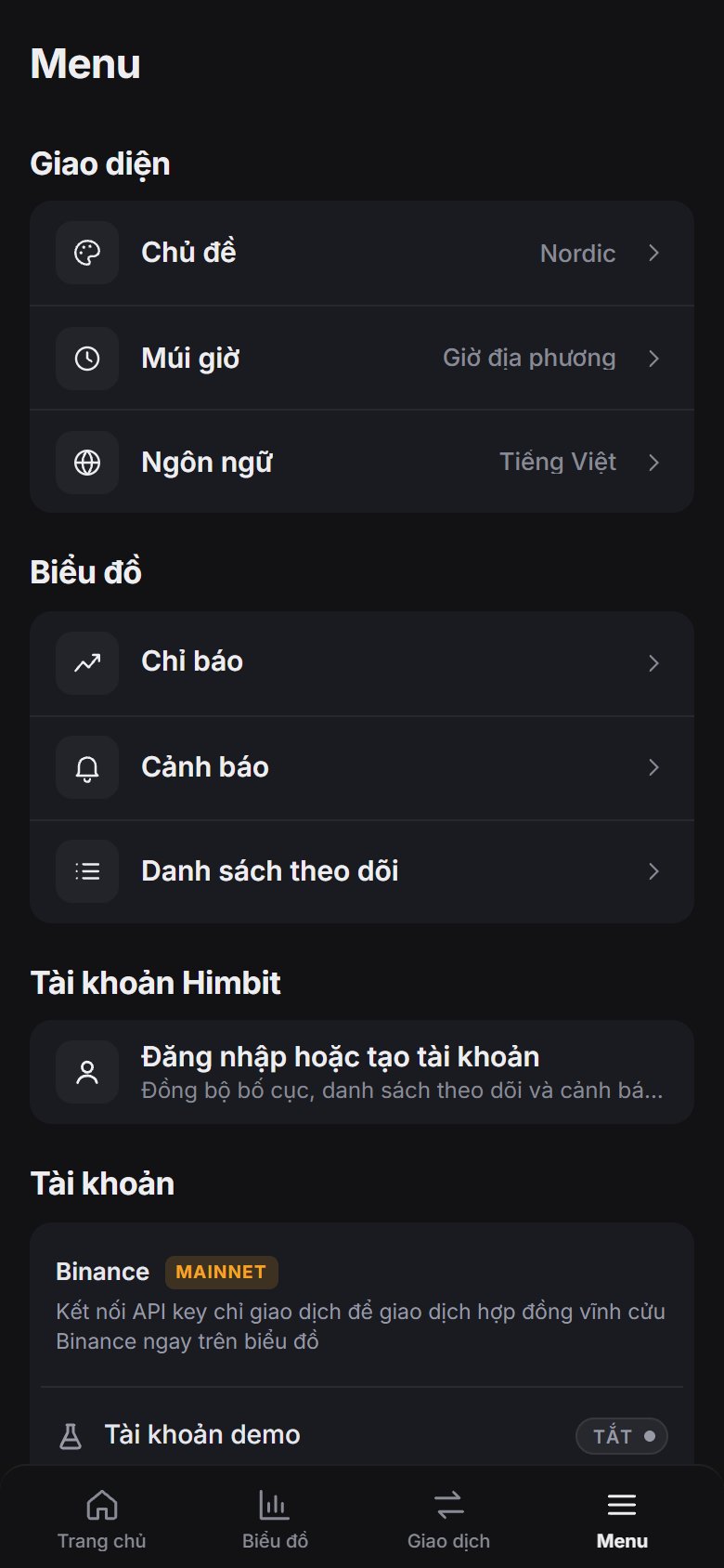 Tab Menu trên điện thoại: giao diện, chart và tài khoản.