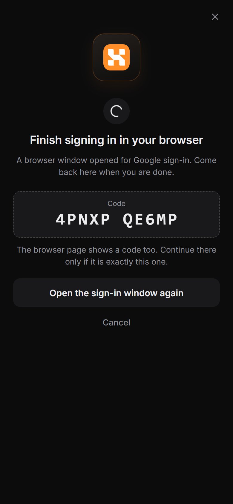 The installed app waits for the browser sign-in and shows a code.