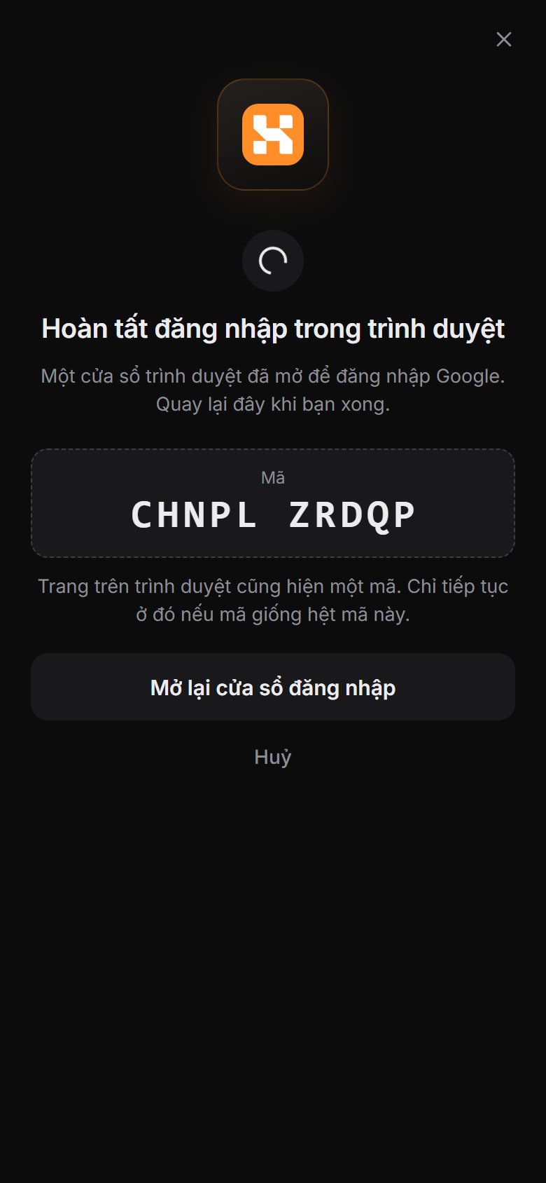 App đã cài chờ bạn đăng nhập trên trình duyệt và hiện một mã.