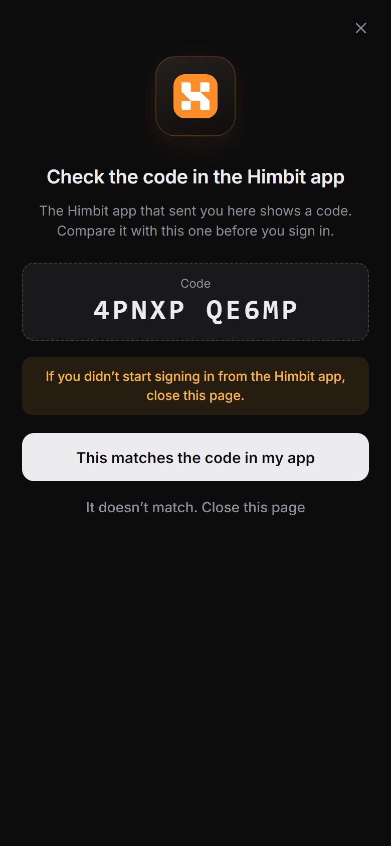 The browser shows the same code. Continue only if it matches.