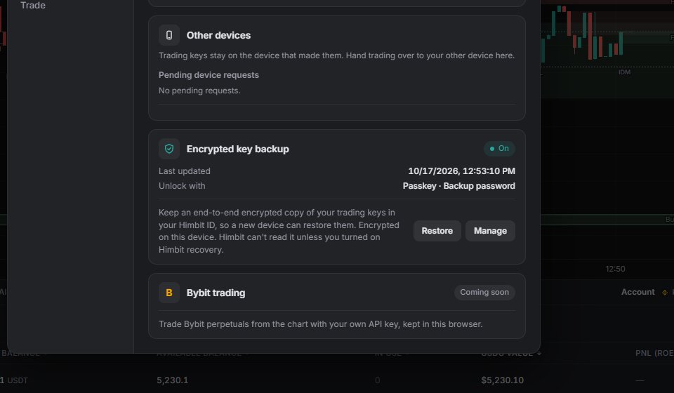 Settings, Connections: the encrypted key backup card, turned on.