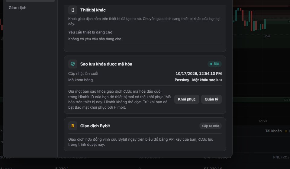 Settings, Connections: thẻ sao lưu key mã hoá đã bật.
