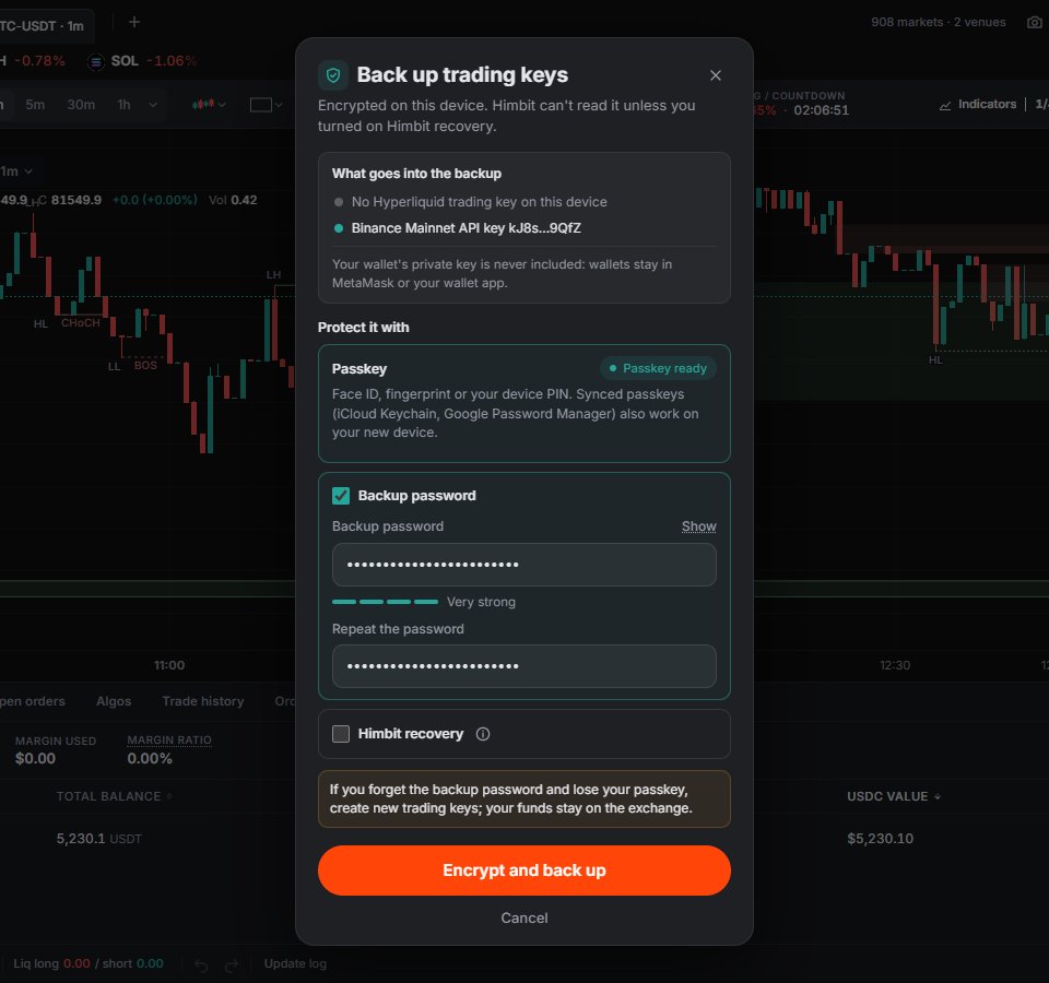 Back up trading keys: what goes in, then a passkey and a backup password.