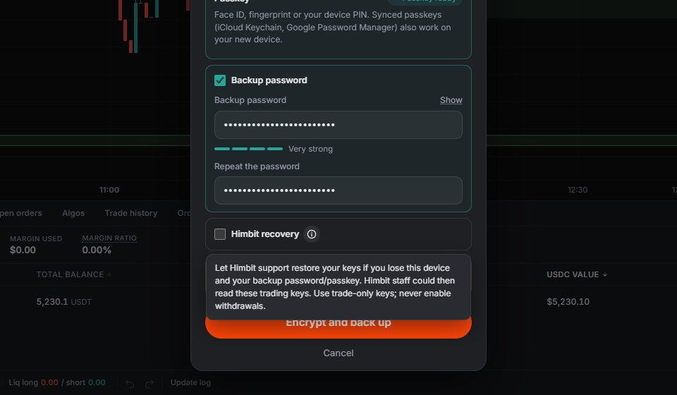 Himbit recovery 안내를 펼친 백업 설정 화면.