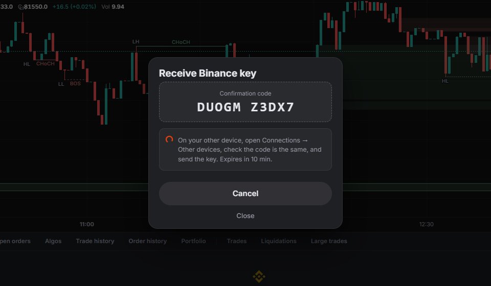 New device: asking for the Binance API key, with a confirmation code.