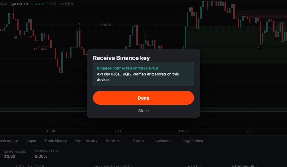 Binance connected on the new device with the received key.