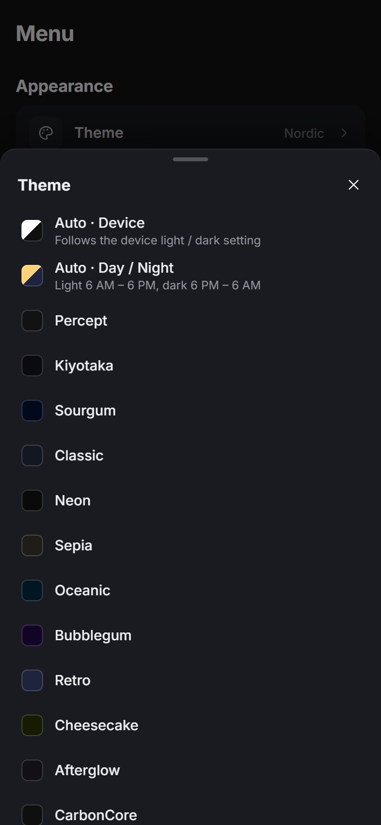 Phone: Menu › Appearance › Theme.