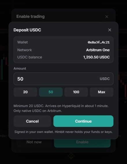 Deposit USDC: wallet, Arbitrum One, balance and the amount chips.