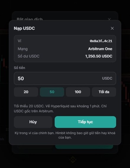 Nạp USDC: ví, Arbitrum One, số dư và các nút chọn số tiền.