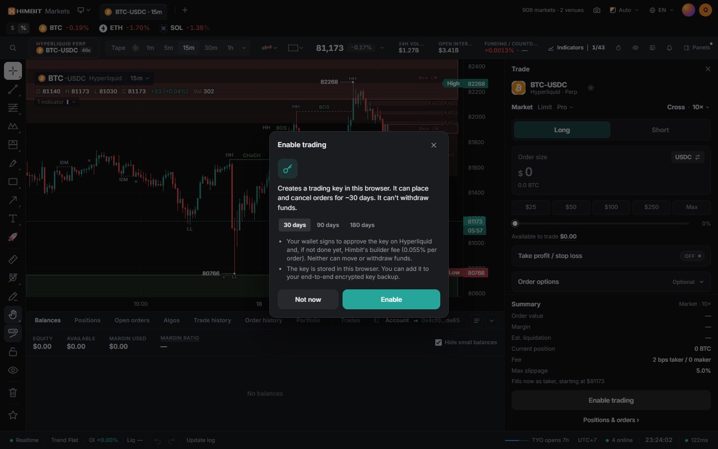 Enable trading: your wallet signs the trading key and, if not done yet, the 0.055% builder fee.