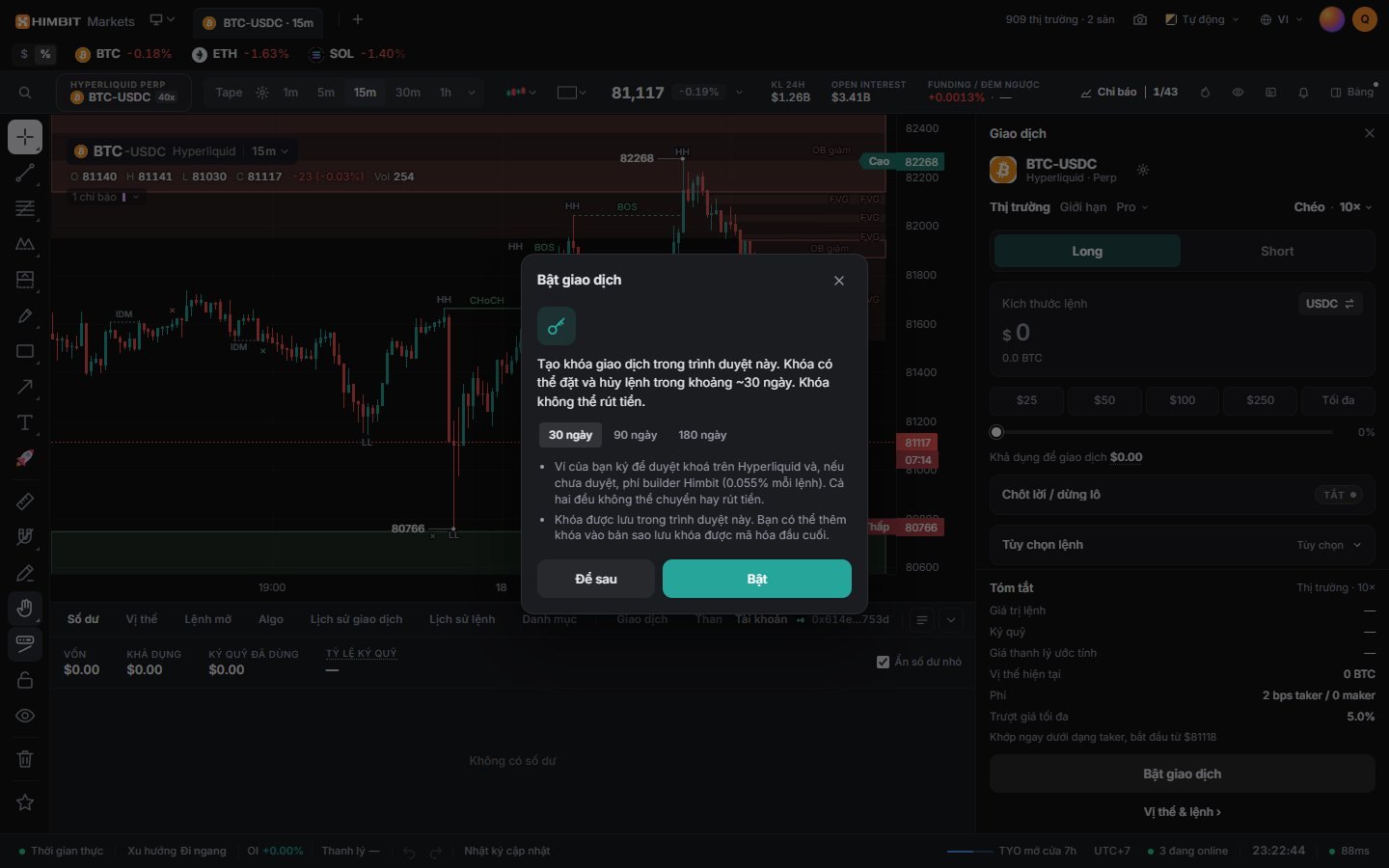Bật giao dịch: ví ký duyệt key giao dịch và, nếu chưa duyệt, phí builder 0,055%.