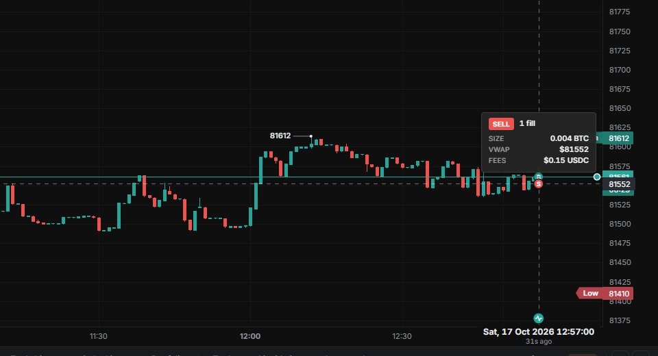 Your fill marker: side, size, VWAP and fees.