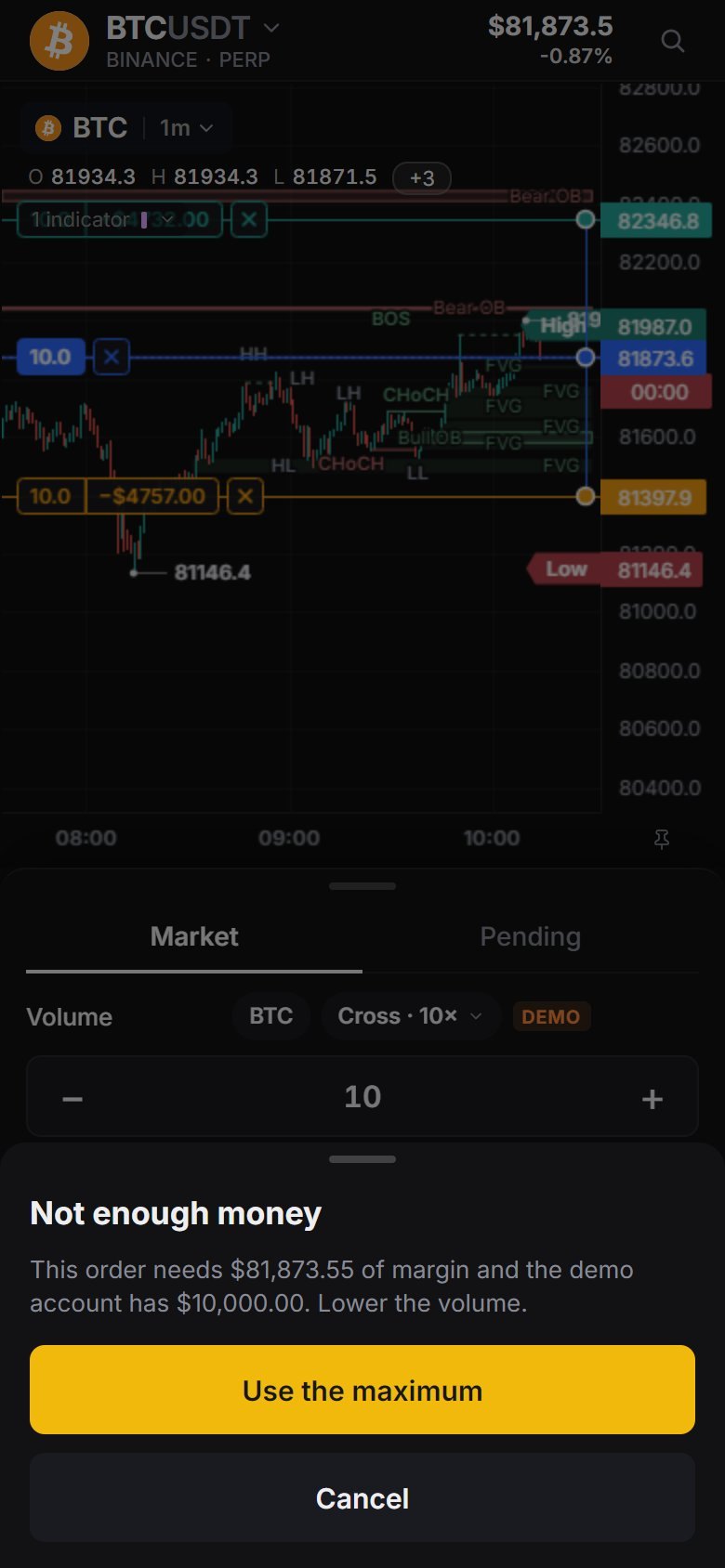 Not enough money on the demo account offers Use the maximum; live accounts get Deposit.