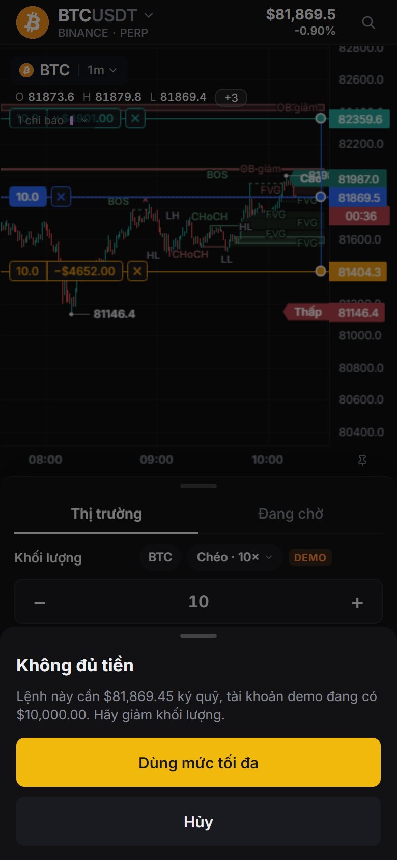 Không đủ tiền trên tài khoản demo đưa lựa chọn Dùng mức tối đa; tài khoản thật có nút Nạp tiền.