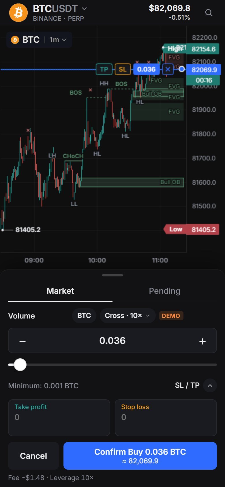 The order sheet: Market or Pending, Volume, SL / TP and one Confirm button.