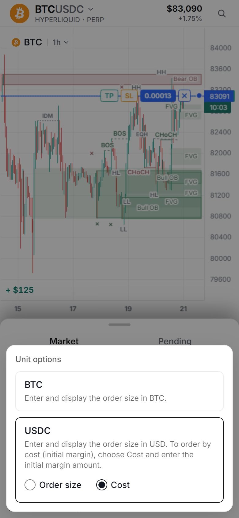 On a phone: Unit options from the unit next to Volume, the coin or USDC as Order size or Cost.