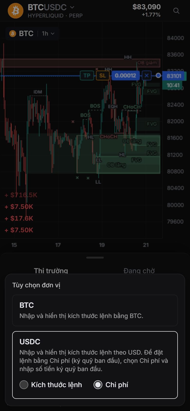 Trên điện thoại: Tùy chọn đơn vị từ nút đơn vị cạnh Khối lượng, coin hoặc USDC theo Kích thước lệnh hay Chi phí.
