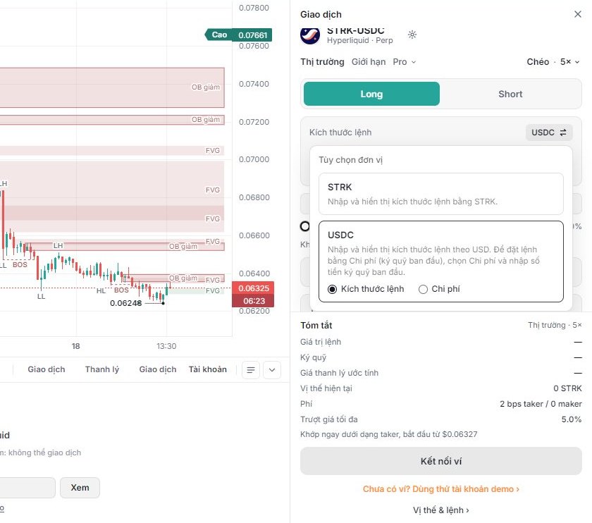 Tùy chọn đơn vị: theo coin, hoặc USDC dưới dạng Kích thước lệnh hay Chi phí (ký quỹ ban đầu).