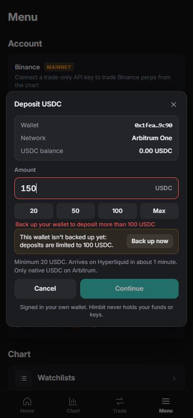 助記詞備份之前,每次存入最多 100 USDC。